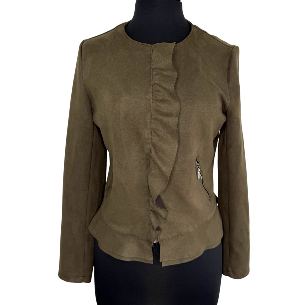 Westport Olive Faux Suede‎ Ruffle Jacket Medium Soft Femme Minimalist Chic